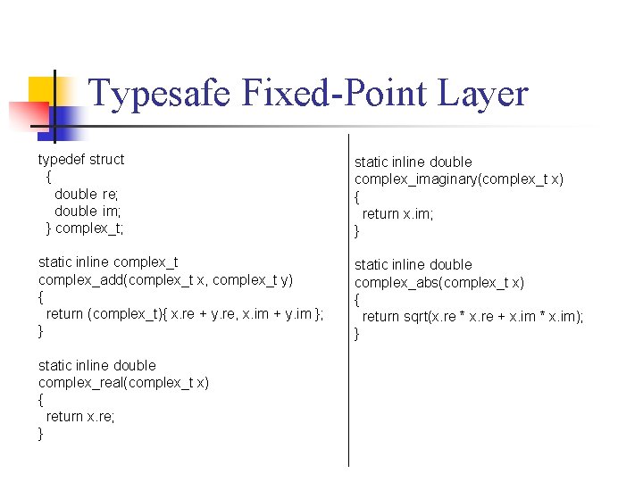 Typesafe Fixed-Point Layer typedef struct { double re; double im; } complex_t; static inline