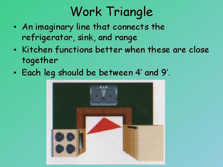 Work Triangle • An imaginary line that connects the refrigerator, sink, and range •