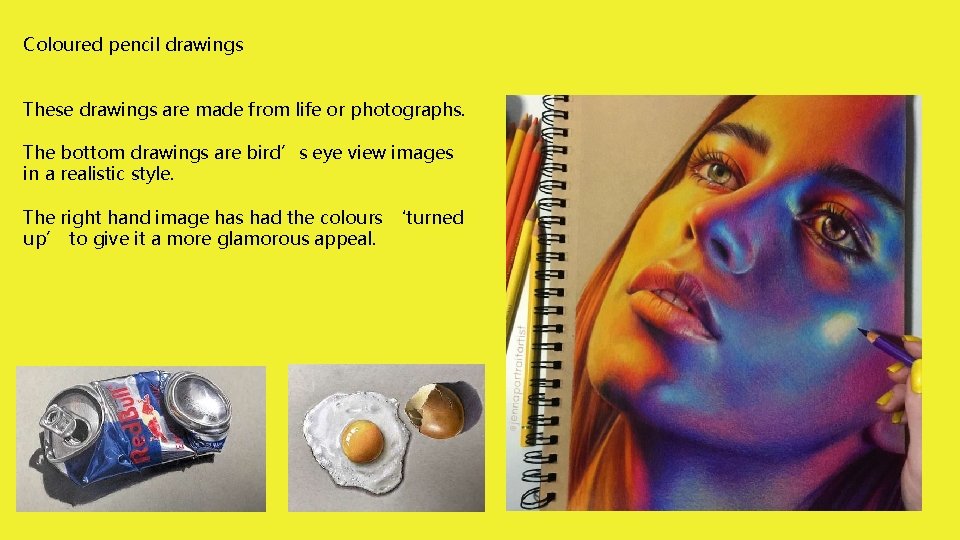 Coloured pencil drawings These drawings are made from life or photographs. The bottom drawings