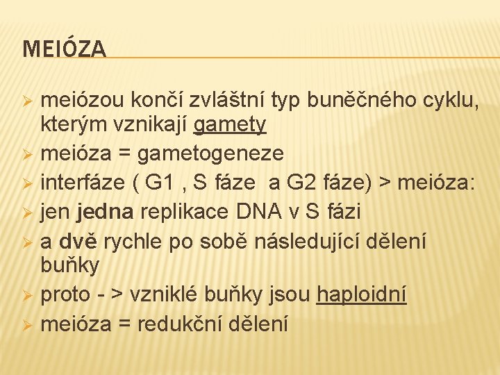 MEIÓZA meiózou končí zvláštní typ buněčného cyklu, kterým vznikají gamety Ø meióza = gametogeneze