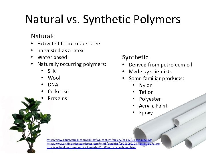 Natural vs. Synthetic Polymers Natural: • • Extracted from rubber tree harvested as a