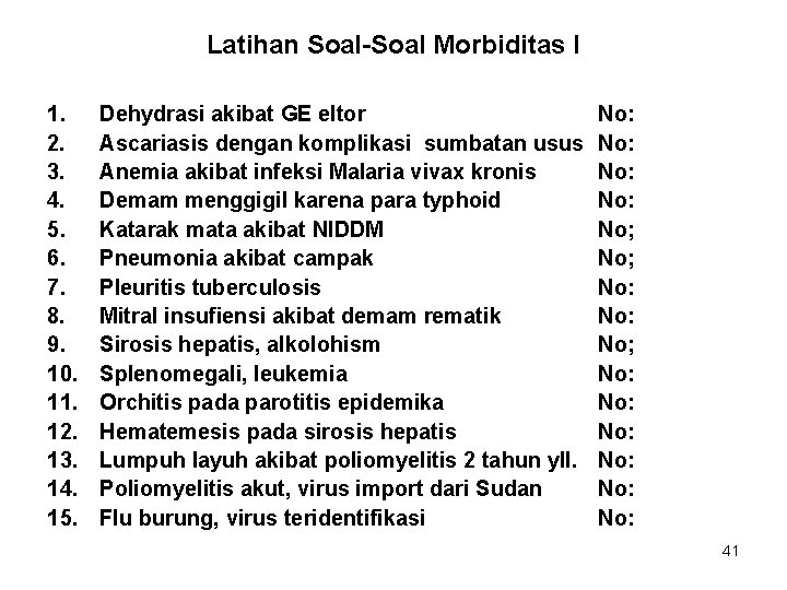 Latihan Soal-Soal Morbiditas I 1. 2. 3. 4. 5. 6. 7. 8. 9. 10.