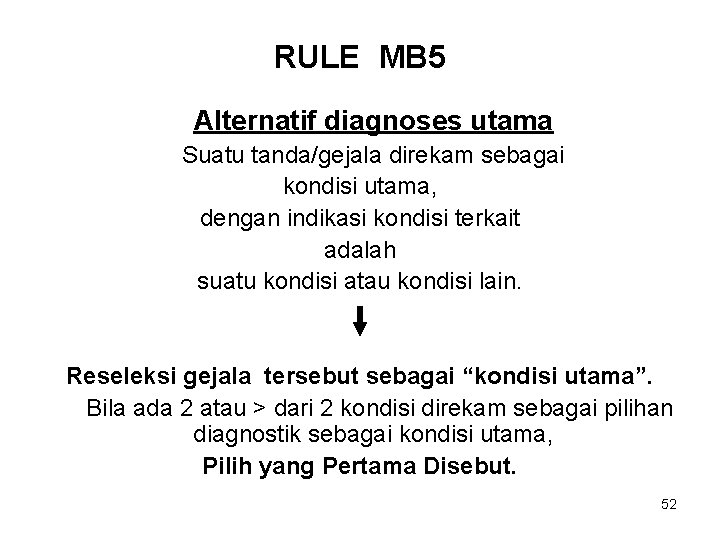 RULE MB 5 Alternatif diagnoses utama Suatu tanda/gejala direkam sebagai kondisi utama, dengan indikasi