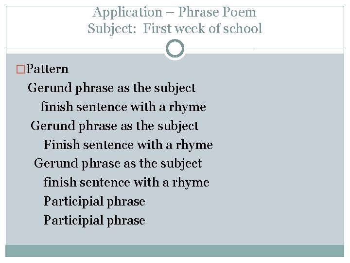 Application – Phrase Poem Subject: First week of school �Pattern Gerund phrase as the