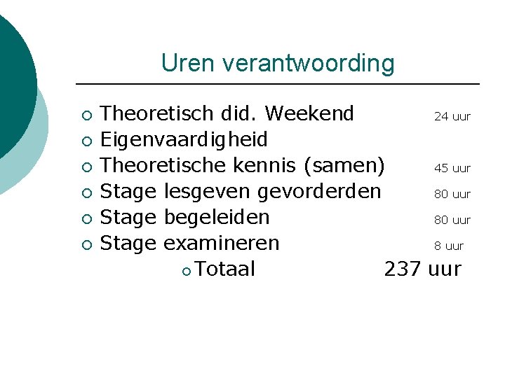 Uren verantwoording ¡ ¡ ¡ Theoretisch did. Weekend 24 uur Eigenvaardigheid Theoretische kennis (samen)