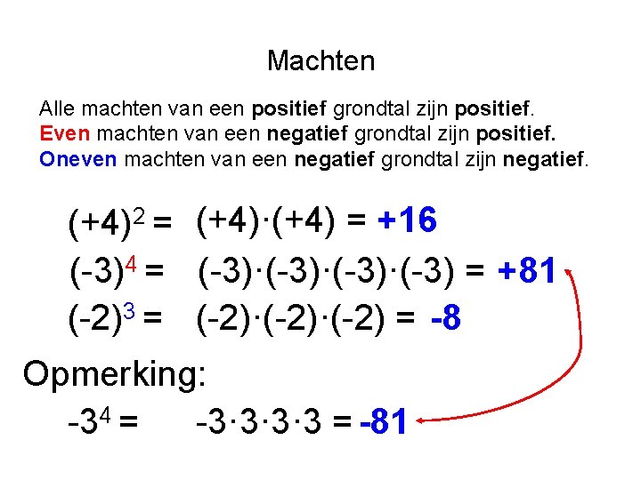Machten Alle machten van een positief grondtal zijn positief. Even machten van een negatief
