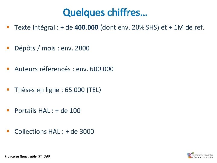 Quelques chiffres… § Texte intégral : + de 400. 000 (dont env. 20% SHS)