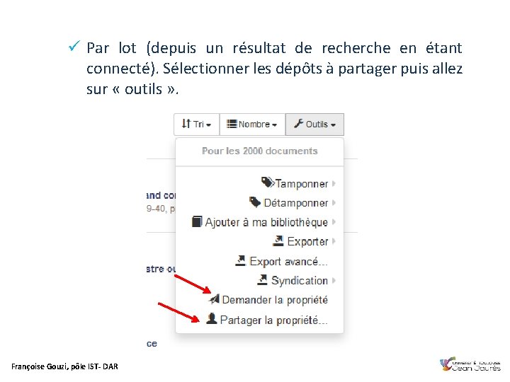 ü Par lot (depuis un résultat de recherche en étant connecté). Sélectionner les dépôts