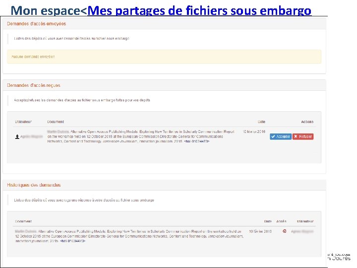 Mon espace<Mes partages de fichiers sous embargo Françoise Gouzi, pôle IST- DAR 