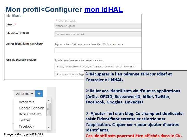 Mon profil<Configurer mon Id. HAL ØRécupérer le lien pérenne PPN sur Id. Ref et