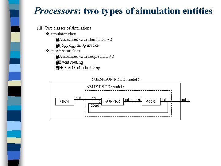 Processors: two types of simulation entities (iii) Two classes of simulations simulator class Associated