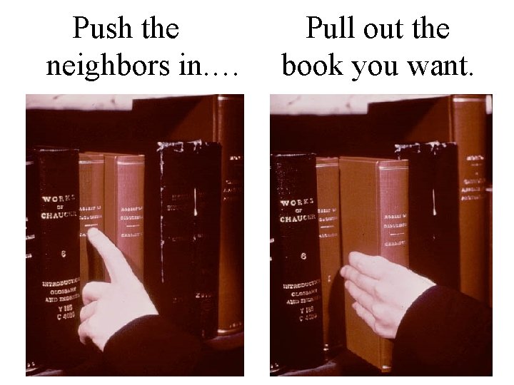 Push the neighbors in. … Pull out the book you want. 
