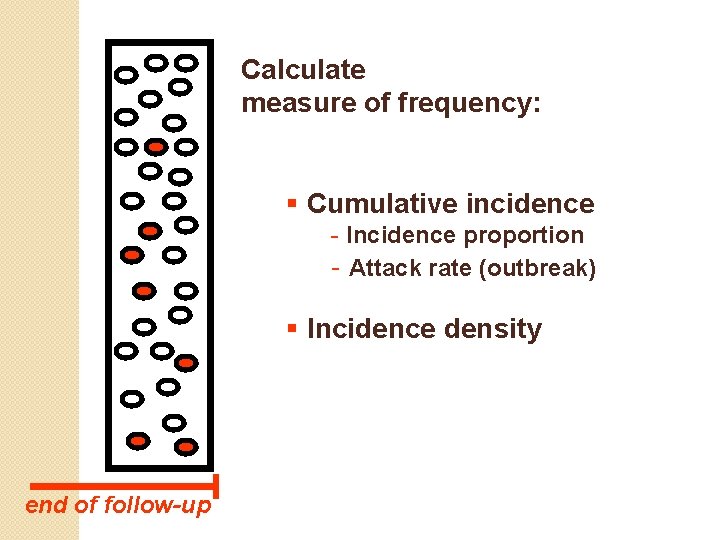 Calculate measure of frequency: § Cumulative incidence - Incidence proportion - Attack rate (outbreak)