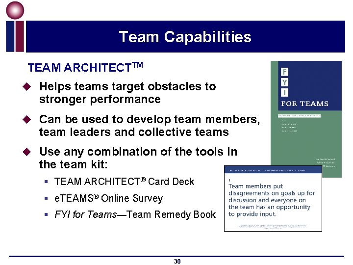 Team Capabilities TEAM ARCHITECTTM u Helps teams target obstacles to stronger performance u Can