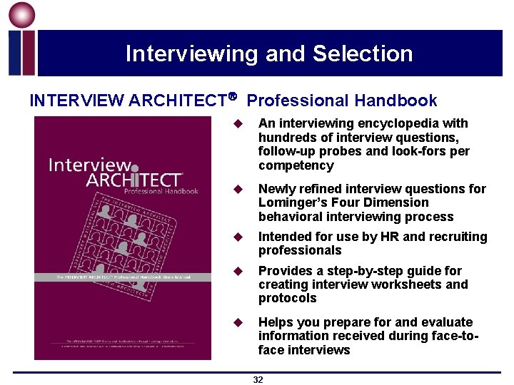 Interviewing and Selection INTERVIEW ARCHITECT Professional Handbook u An interviewing encyclopedia with hundreds of