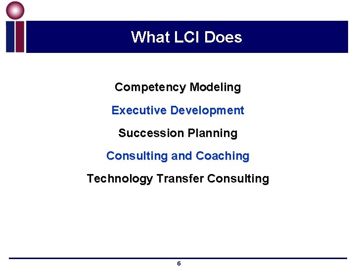 What LCI Does Competency Modeling Executive Development Succession Planning Consulting and Coaching Technology Transfer