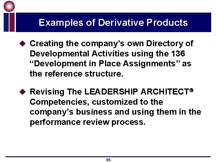 Examples of Derivative Products u Creating the company’s own Directory of Developmental Activities using