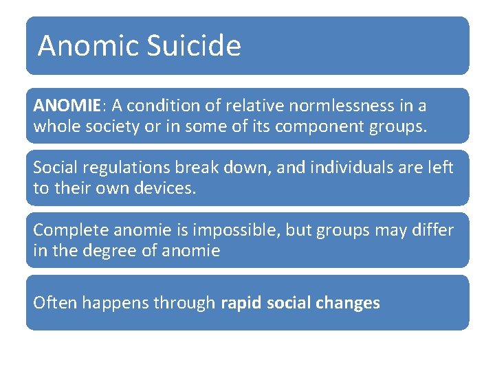 Anomic Suicide ANOMIE: A condition of relative normlessness in a whole society or in