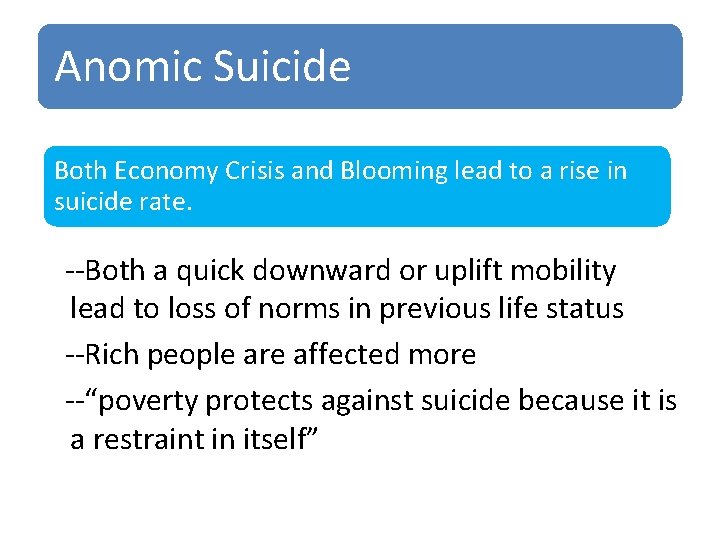 Anomic Suicide Both Economy Crisis and Blooming lead to a rise in suicide rate.
