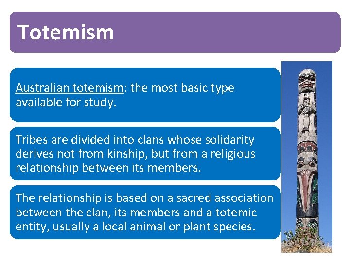Totemism Australian totemism: the most basic type available for study. Tribes are divided into