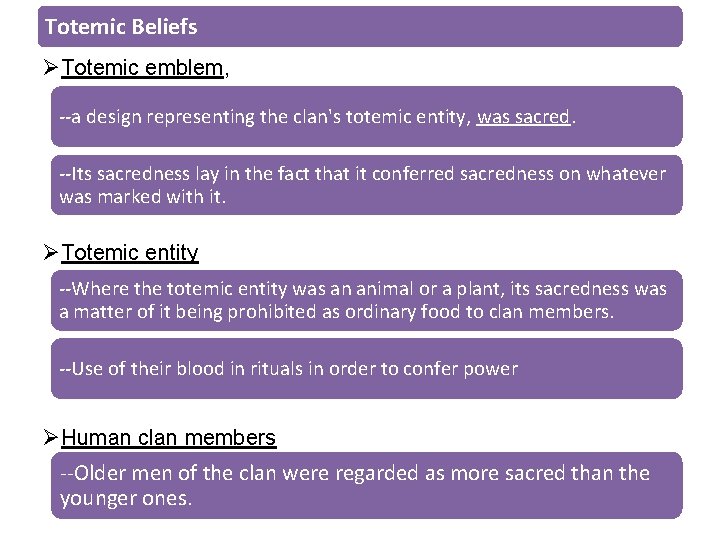 Totemic Beliefs ØTotemic emblem, --a design representing the clan's totemic entity, was sacred. --Its