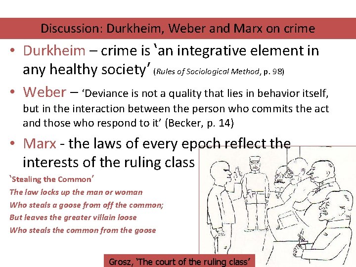 Discussion: Durkheim, Weber and Marx on crime • Durkheim – crime is ‘an integrative