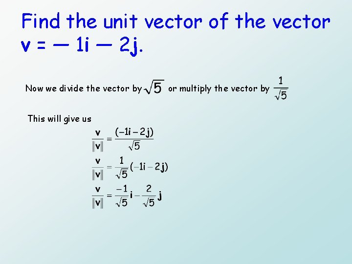 Find the unit vector of the vector v = — 1 i — 2