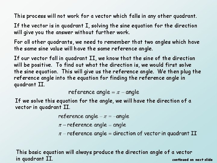 This process will not work for a vector which falls in any other quadrant.