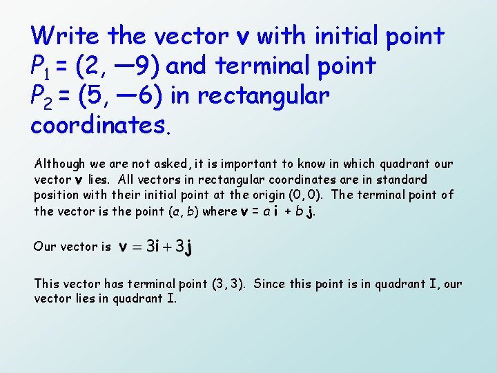 Write the vector v with initial point P 1 = (2, — 9) and