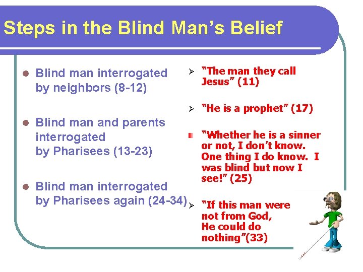 Steps in the Blind Man’s Belief l Blind man interrogated by neighbors (8 -12)