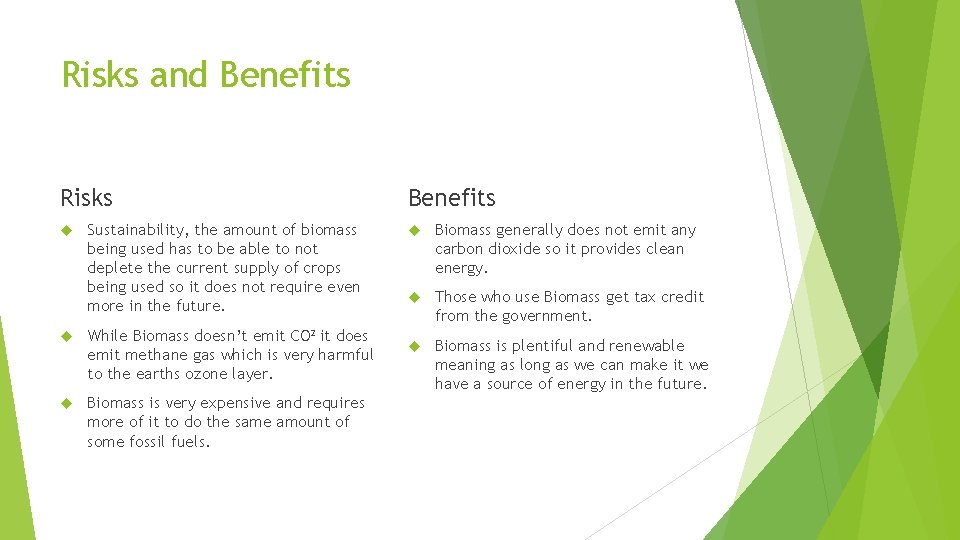 Risks and Benefits Risks Sustainability, the amount of biomass being used has to be