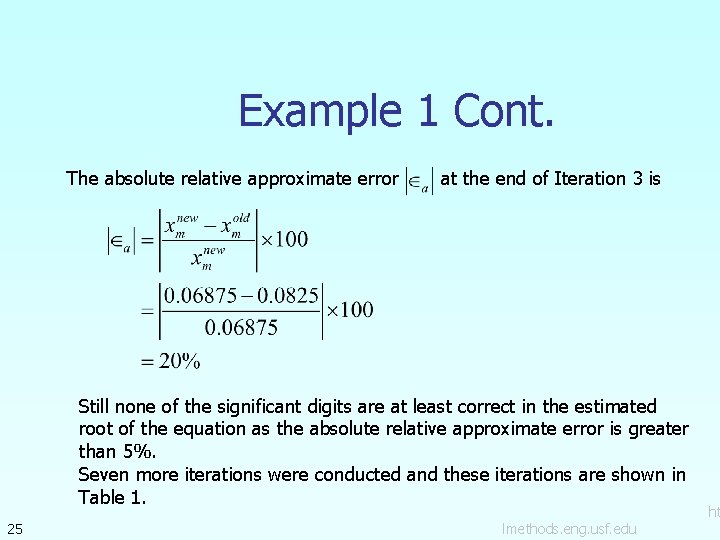 Example 1 Cont. The absolute relative approximate error at the end of Iteration 3 Example 1 Cont. The absolute relative approximate error at the end of Iteration 3