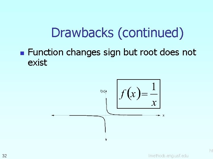 Drawbacks (continued) n 32 Function changes sign but root does not exist lmethods. eng. Drawbacks (continued) n 32 Function changes sign but root does not exist lmethods. eng.