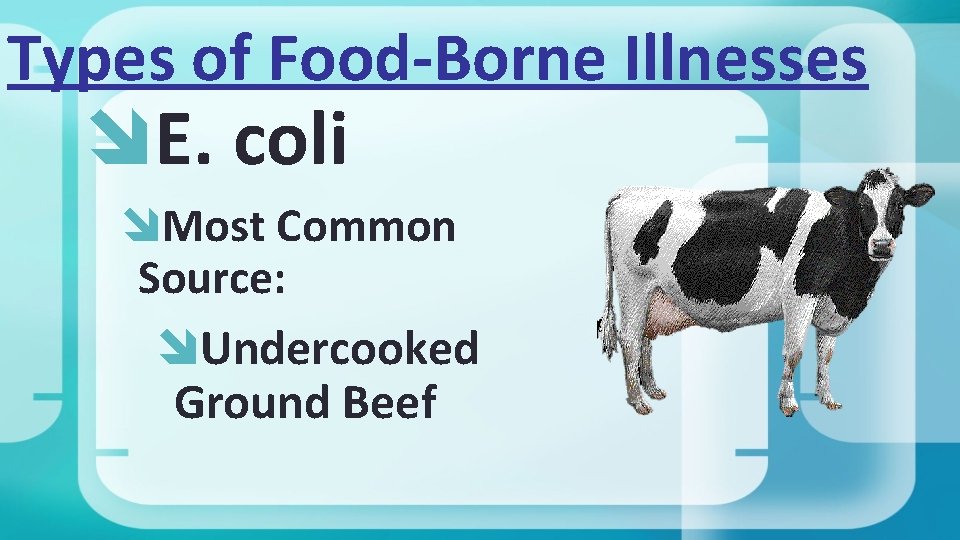 Types of Food-Borne Illnesses E. coli Most Common Source: Undercooked Ground Beef 