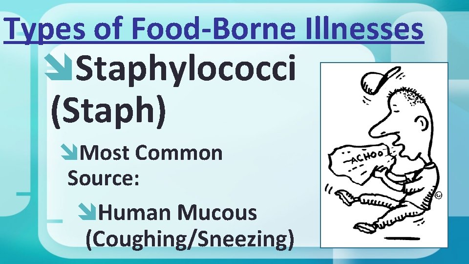 Types of Food-Borne Illnesses Staphylococci (Staph) Most Common Source: Human Mucous (Coughing/Sneezing) 