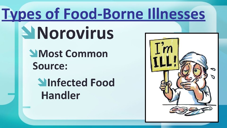Types of Food-Borne Illnesses Norovirus Most Common Source: Infected Food Handler 