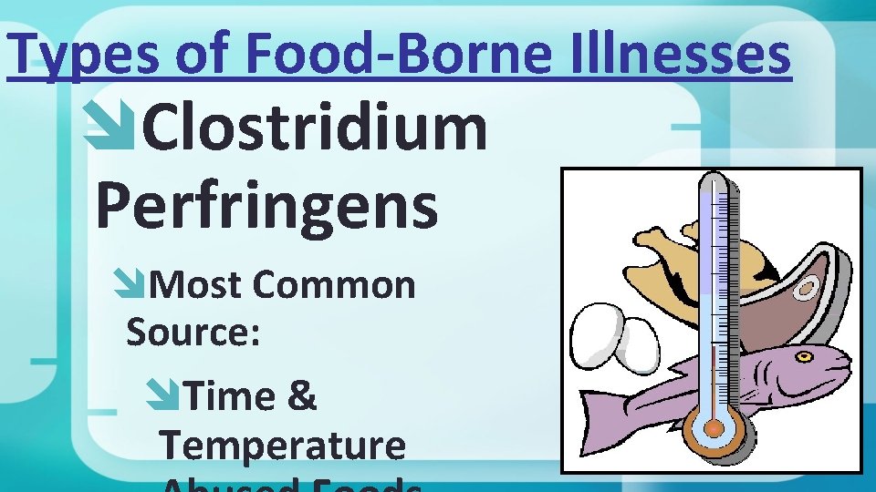 Types of Food-Borne Illnesses Clostridium Perfringens Most Common Source: Time & Temperature 