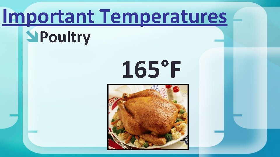 Important Temperatures Poultry 165°F 