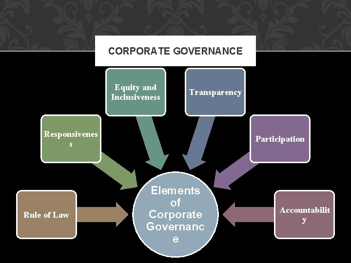 CORPORATE GOVERNANCE Equity and Inclusiveness Transparency Responsivenes s Rule of Law Participation Elements of