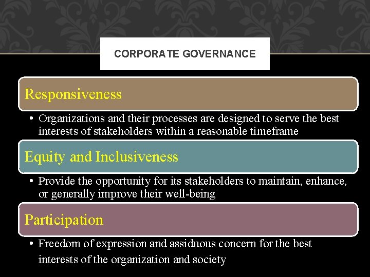 CORPORATE GOVERNANCE Responsiveness • Organizations and their processes are designed to serve the best