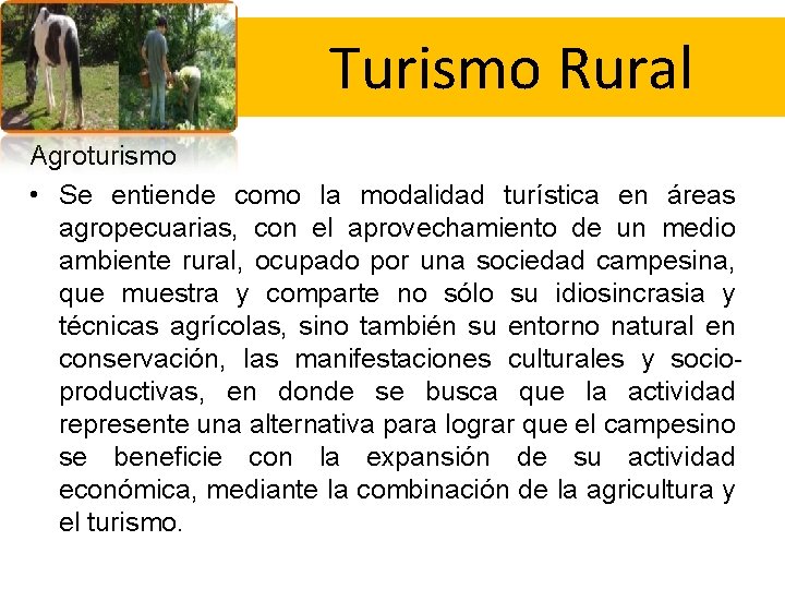  Turismo Rural Agroturismo • Se entiende como la modalidad turística en áreas agropecuarias,