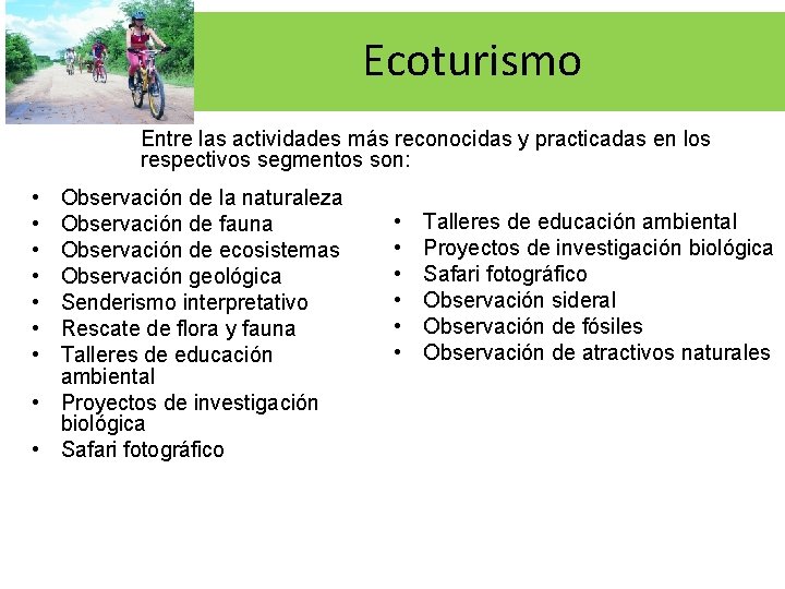  Ecoturismo Entre las actividades más reconocidas y practicadas en los respectivos segmentos son: