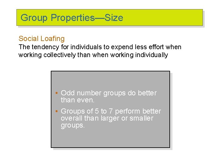 Group Properties—Size Social Loafing The tendency for individuals to expend less effort when working