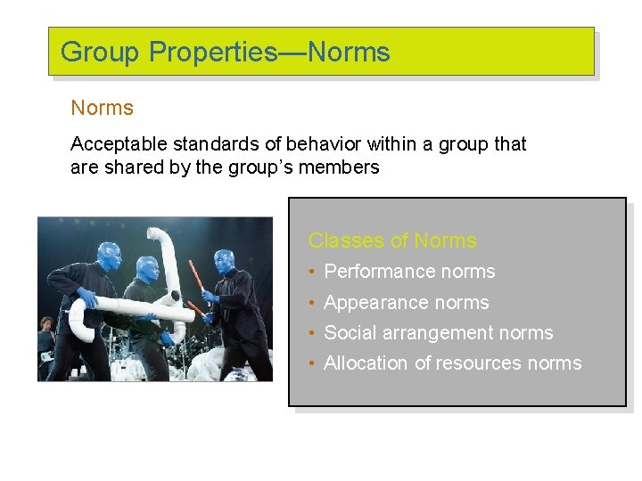 Group Properties—Norms Acceptable standards of behavior within a group that are shared by the