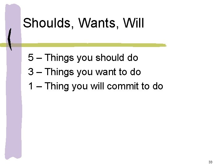 Shoulds, Wants, Will 5 – Things you should do 3 – Things you want