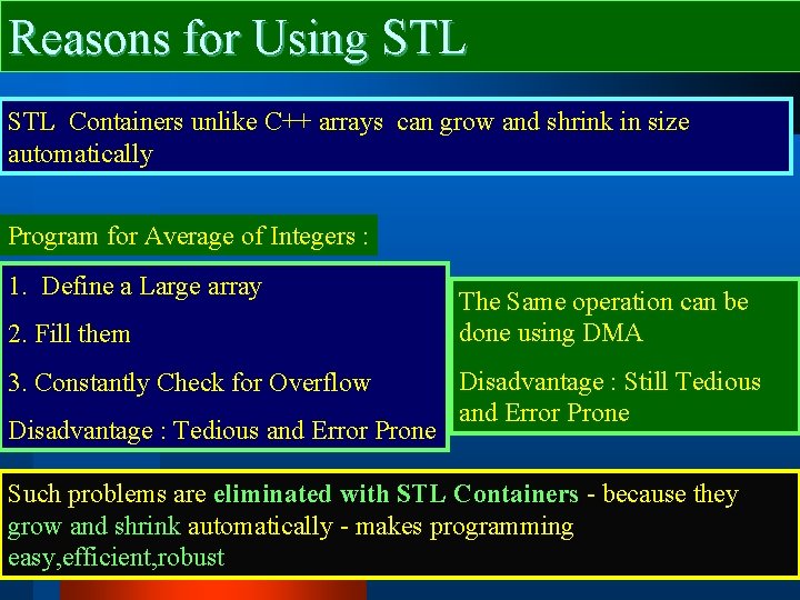 Reasons for Using STL Containers unlike C++ arrays can grow and shrink in size