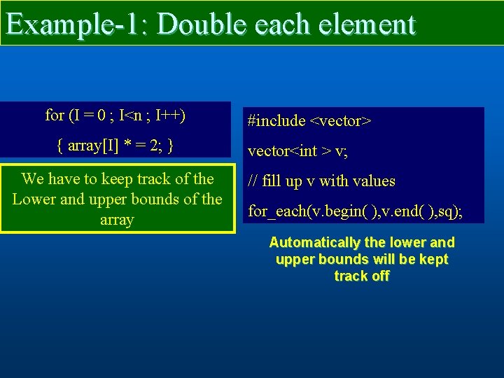 Example-1: Double each element for (I = 0 ; I<n ; I++) { array[I]