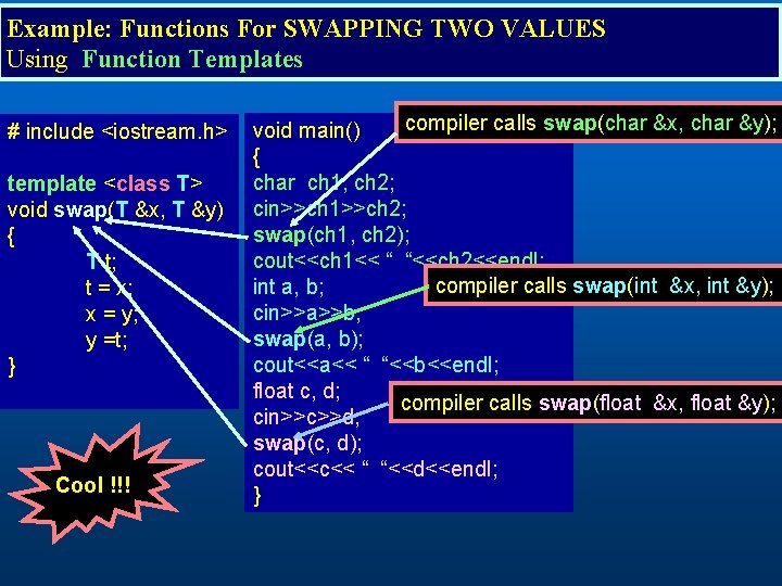 Example: Functions For SWAPPING TWO VALUES Using Function Templates # include <iostream. h> template
