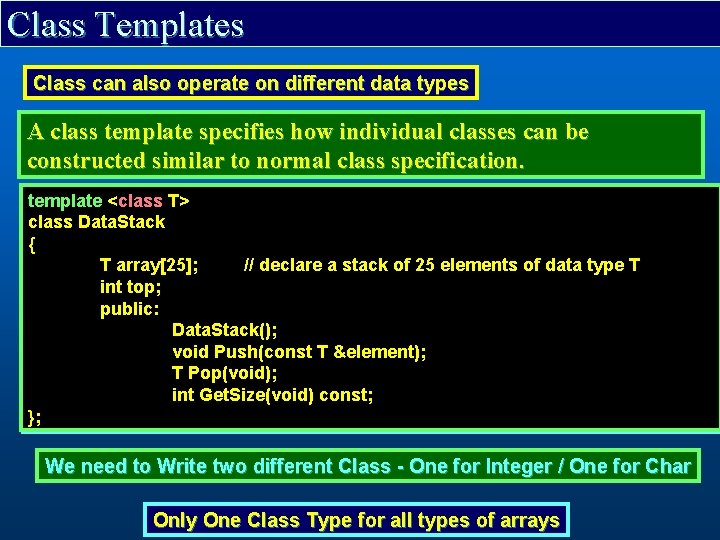 Class Templates Class can also operate on different data types A class template specifies