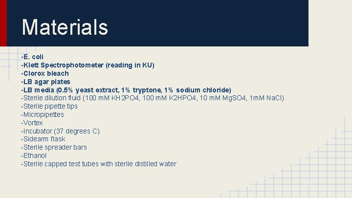 Materials -E. coli -Klett Spectrophotometer (reading in KU) -Clorox bleach -LB agar plates -LB